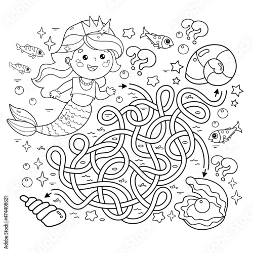 Maze or Labyrinth Game. Puzzle. Tangled road. Coloring Page Outline Of cartoon beautiful little mermaid with shells. Marine princess. Underwater world. Coloring book for kids.