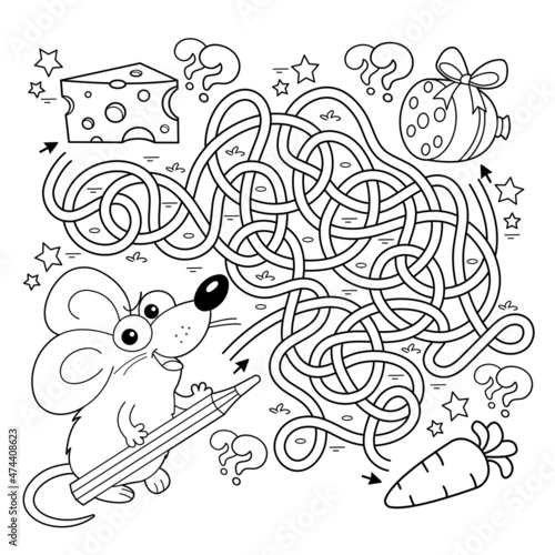 Maze or Labyrinth Game. Puzzle. Tangled road. Coloring Page Outline Of cartoon fun mouse with pencil. Coloring book for kids.