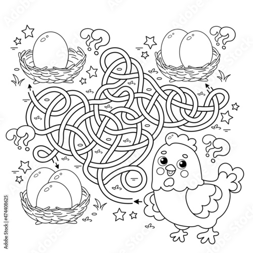 Maze or Labyrinth Game. Puzzle. Tangled road. Coloring Page Outline Of cartoon chicken with eggs. Coloring book for kids.