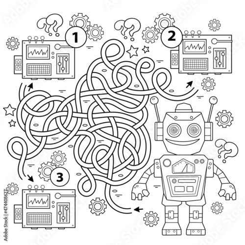 Maze or Labyrinth Game. Puzzle. Tangled road. Coloring Page Outline Of cartoon robot. Coloring book for kids.
