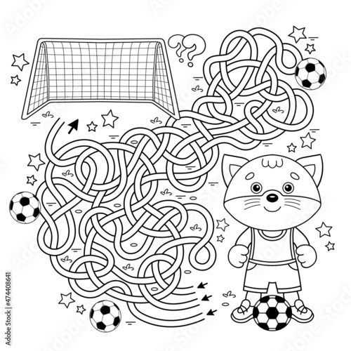 Maze or Labyrinth Game. Puzzle. Tangled road. Coloring Page Outline Of cartoon cat with soccer ball. Football. Sport activity. Coloring book for kids.