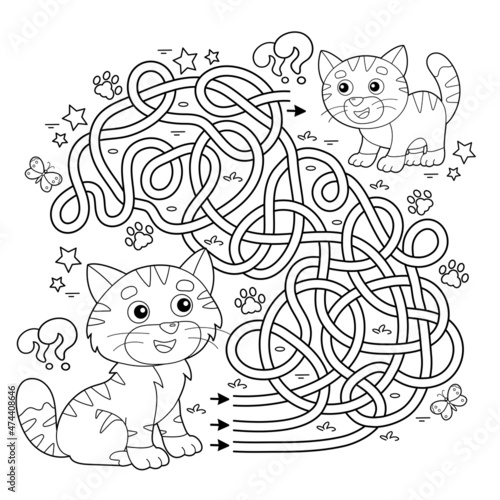 Maze or Labyrinth Game. Puzzle. Tangled road. Coloring Page Outline Of cartoon cat with kitten. Coloring book for kids.