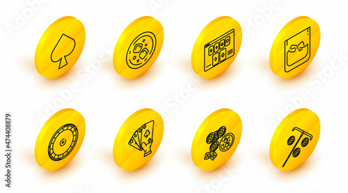 Set line Stick for chips, Casino chips, game dice and glass of whiskey with ice cubes, Hand holding playing cards, roulette wheel, Glass, Online poker table, and Playing spades symbol icon. Vector
