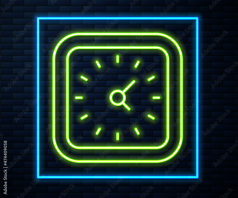 Glowing neon line Clock icon isolated on brick wall background. Time symbol. Vector Glowing neon line Clock icon isolated on brick wall background. Time symbol. Vector