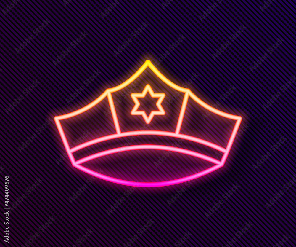 Glowing neon line Police cap with cockade icon isolated on black background. Police hat sign. Vector Glowing neon line Police cap with cockade icon isolated on black background. Police hat sign. Vector