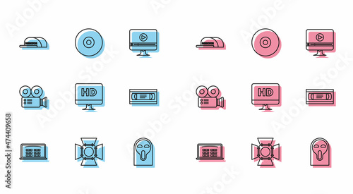 Set line Buy cinema ticket online, Cap with inscription director, Funny and scary ghost mask, Computer PC monitor HD video technology, VHS cassette tape, Cinema camera and CD DVD disk icon. Vector
