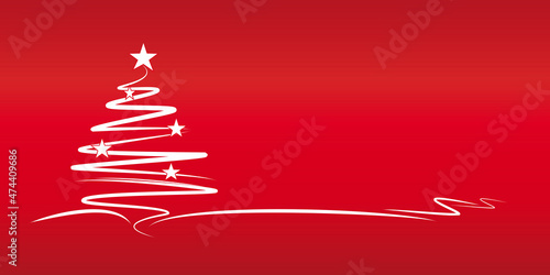weihnachtskarte - moderner tannenbaum mit weissen linien und sternen  mit rotem hintergund 