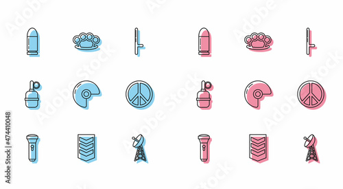 Set line Flashlight, Military rank, Bullet, Radar, helmet, Peace, Hand grenade and Brass knuckles icon. Vector