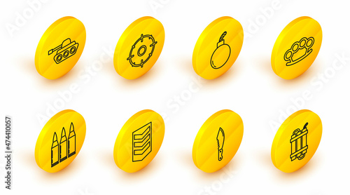 Set line Detonate dynamite bomb stick, Military knife, rank, Bullet, Brass knuckles, Bomb ready explode, Target sport for shooting competition and tank icon. Vector