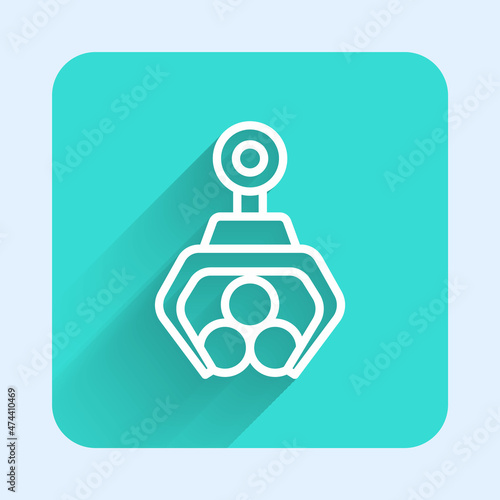 White line Grapple crane grabbed a log icon isolated with long shadow background. Forest industry. Industrial crane for lumber trunk wood production. Green square button. Vector