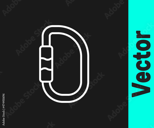 White line Carabiner icon isolated on black background. Extreme sport. Sport equipment. Vector