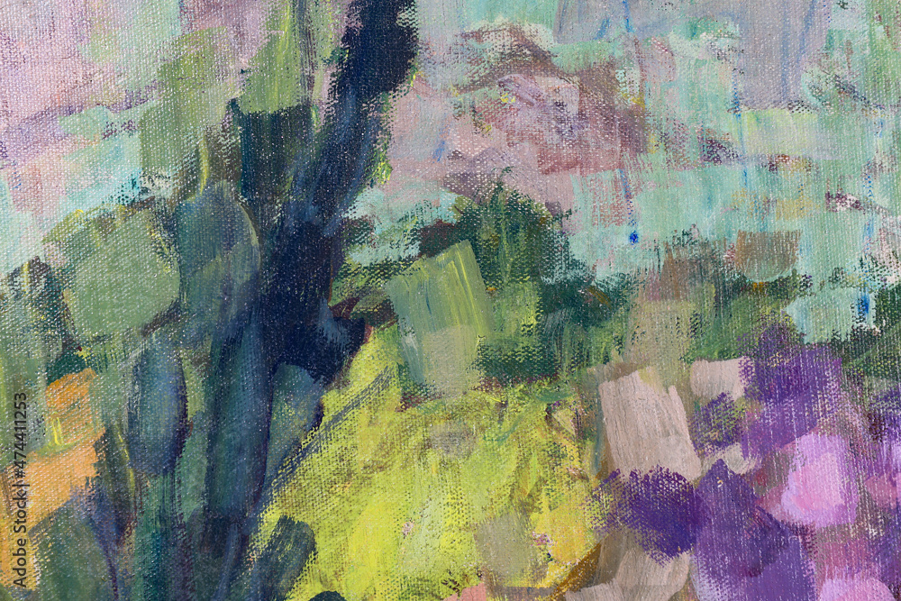 Dipinto ad olio su tela con pennellate in diverse tonalità di colore; texture materica, spazio per testo
