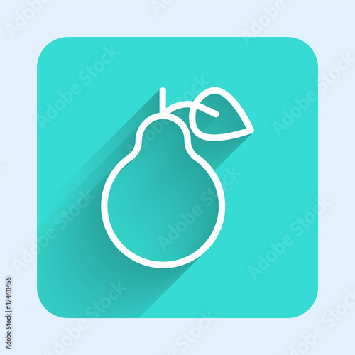 White line Pear icon isolated with long shadow background. Fruit with leaf symbol. Green square button. Vector