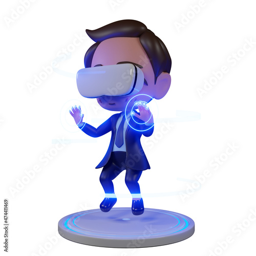 Cute Businessman Cartoon SD Model using virtual reality glasses and touching vr interface., 3D rendering. clipping paht photo