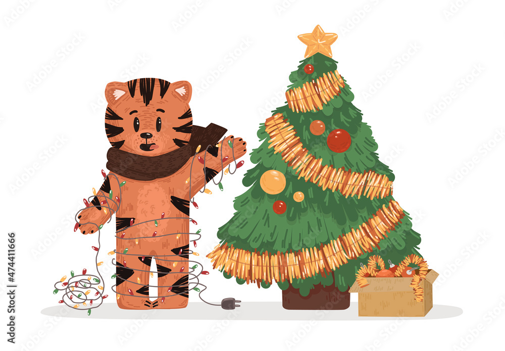 Fototapeta premium The tiger decorates the Christmas tree. Vector illustration for Chinese New Year 2022. Picture with garland, box with decorations, balls, tinsel and cute character.