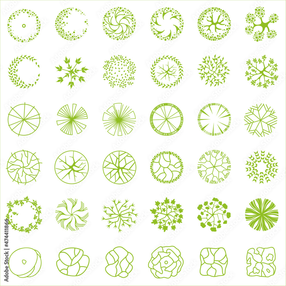 Trees for the master plan. Tree plans for architectural floor plans or landscape designs. Entourage design. Vector illustration. Trees for the master plan. Tree plans for architectural floor plans or landscape designs. Entourage design. Vector illustration.
