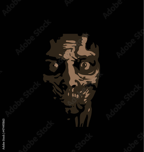 Terrible zombie mask for All Saints' Day or Halloween. Dried human face of crazy man, human skull, vector illustration, abstract logo