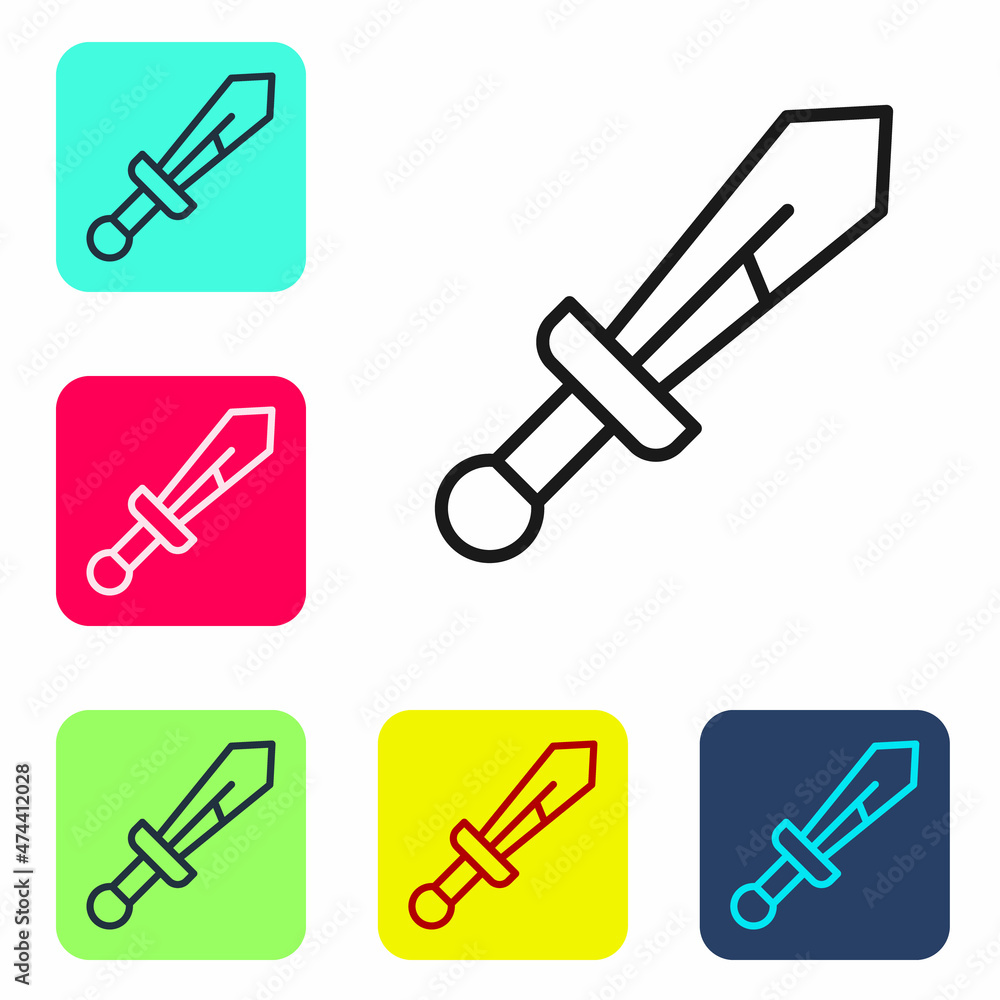 Black line Medieval sword icon isolated on white background. Medieval weapon. Set icons in color square buttons. Vector Black line Medieval sword icon isolated on white background. Medieval weapon. Set icons in color square buttons. Vector
