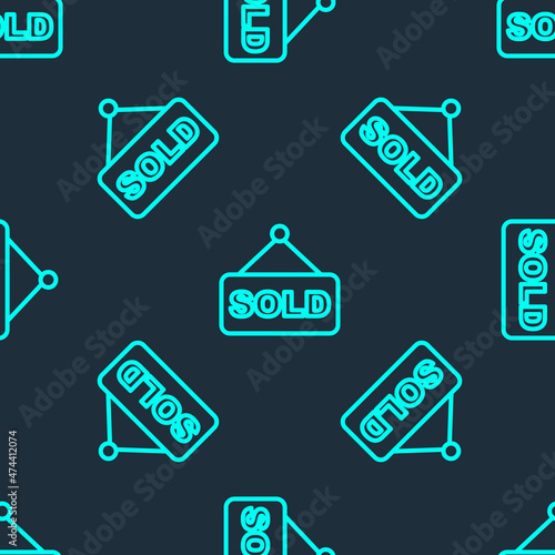 Green line Hanging sign with text Sold icon isolated seamless pattern on blue background. Auction sold. Sold signboard. Bidding concept. Auction competition. Vector © Kostiantyn