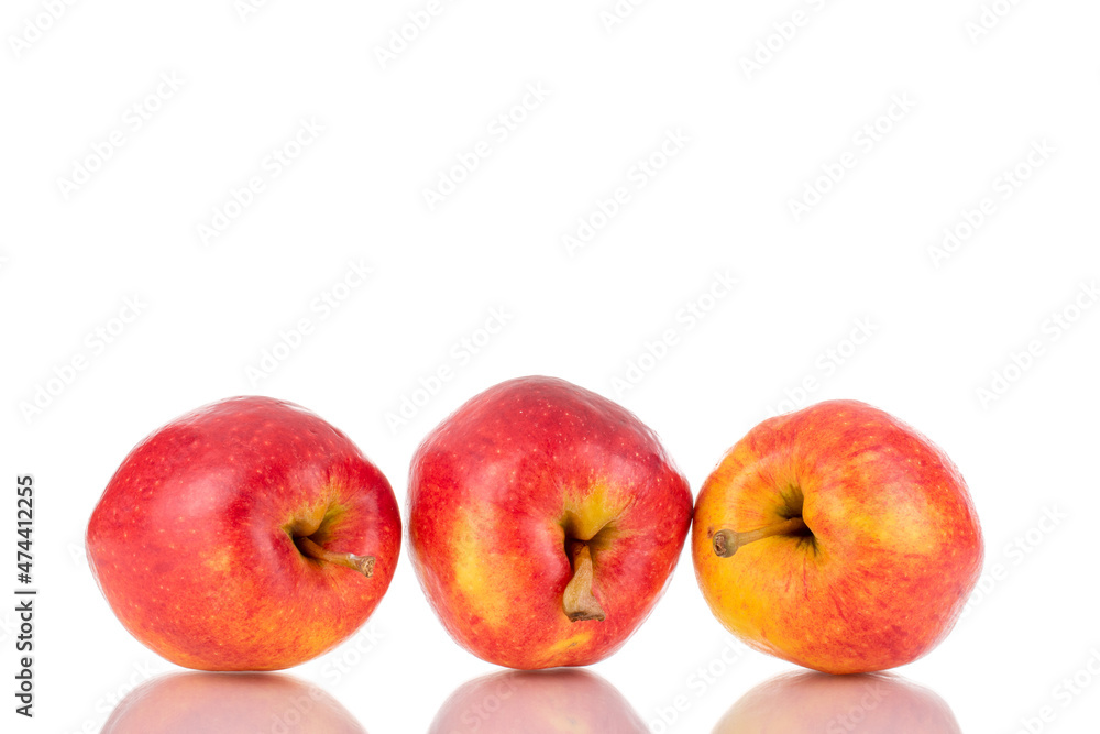Three ripe juicy apples, close-up, isolated on white.