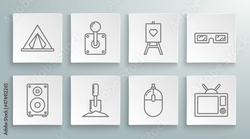 Set line Stereo speaker, Joystick for arcade machine, Shovel the ground, Computer mouse, Television, Wood easel painting art boards, 3D cinema glasses and Tourist tent icon. Vector