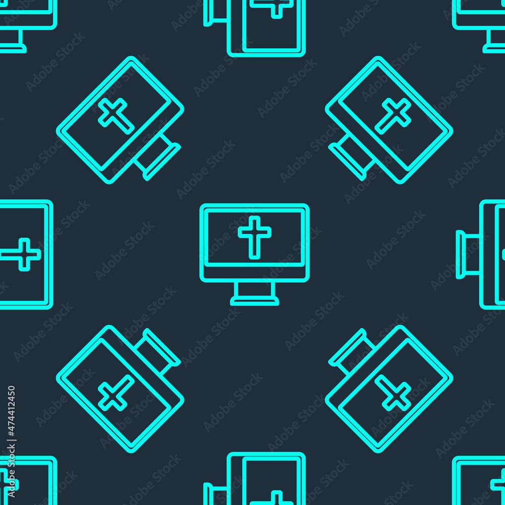 Green line Christian cross on monitor icon isolated seamless pattern on blue background. Church cross. Vector Green line Christian cross on monitor icon isolated seamless pattern on blue background. Church cross. Vector