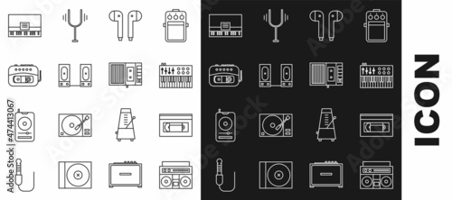 Set line Home stereo with two speakers, VHS video cassette tape, Music synthesizer, Air headphones, Stereo, player, Piano and icon. Vector