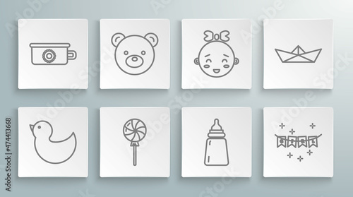 Set line Rubber duck, Teddy bear plush toy, Lollipop, Baby bottle, Carnival garland with flags, Happy little girl head, Folded paper boat and potty icon. Vector