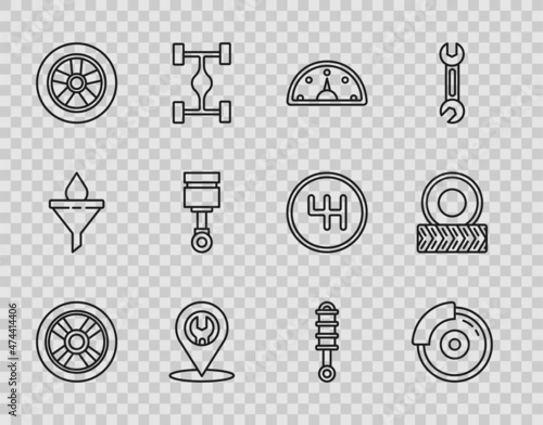 Set line Car wheel, brake disk with caliper, Speedometer, service, Engine piston, Shock absorber and icon. Vector