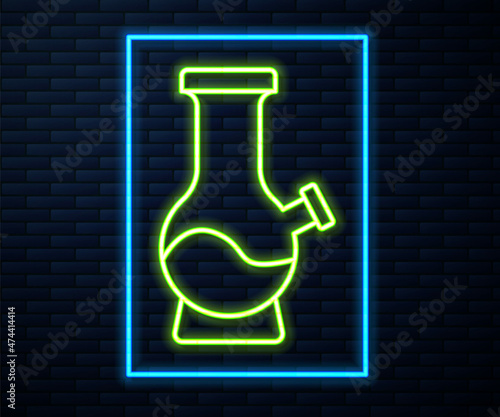 Glowing neon line Glass bong for smoking marijuana or cannabis icon isolated on brick wall background. Vector
