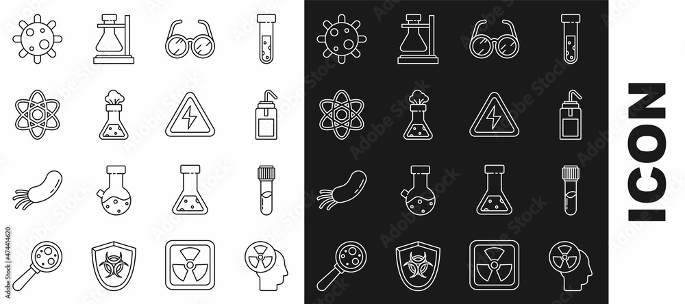 Set line Human head and a radiation, Test tube flask chemical, Laboratory wash bottle, glasses, Atom, Bacteria and High voltage sign icon. Vector Set line Human head and a radiation, Test tube flask chemical, Laboratory wash bottle, glasses, Atom, Bacteria and High voltage sign icon. Vector