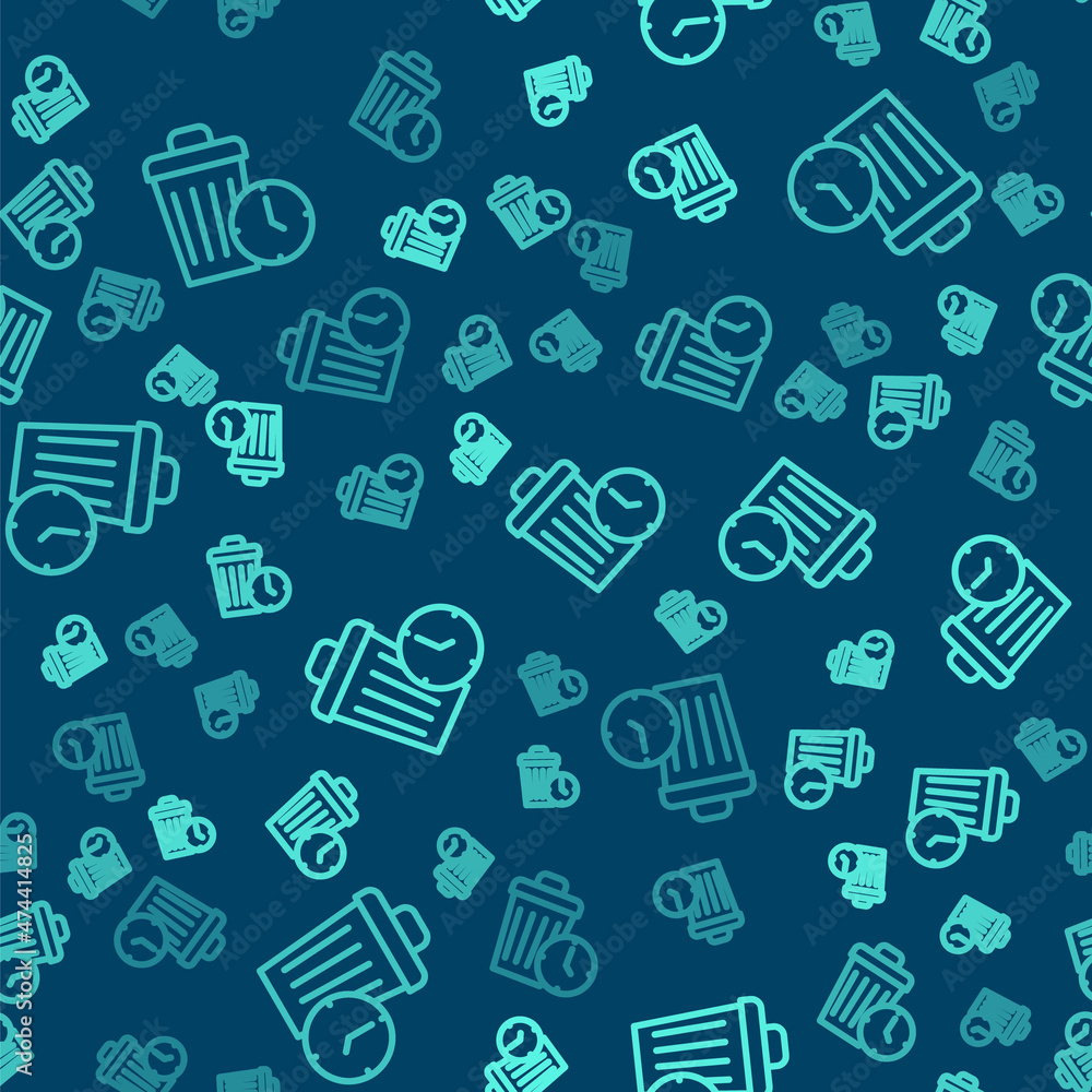 Green line Waste of time icon isolated seamless pattern on blue background. Trash can. Garbage bin sign. Recycle basket icon. Office trash icon. Vector Green line Waste of time icon isolated seamless pattern on blue background. Trash can. Garbage bin sign. Recycle basket icon. Office trash icon. Vector