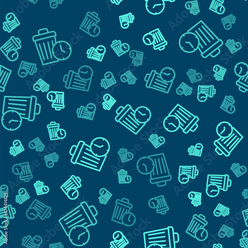 Green line Waste of time icon isolated seamless pattern on blue background. Trash can. Garbage bin sign. Recycle basket icon. Office trash icon. Vector