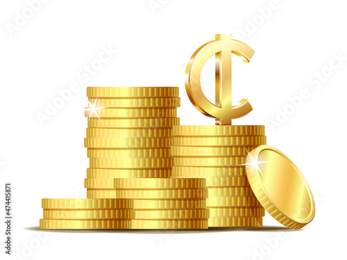 Stack of coins with Shiny golden Ghana Cedi Sign currency symbol.