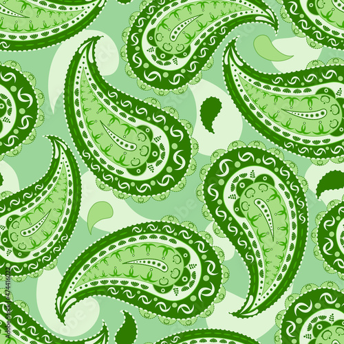 Seamless paisley ornament in shades of green. Pattern Turkish cucumber, Persian cypress, Indian palm leaf. photo