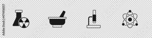 Set Test tube radiation  Mortar and pestle  Microscope and Atom icon. Vector