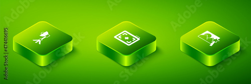 Set Isometric Photo camera, retouching and Softbox light icon. Vector