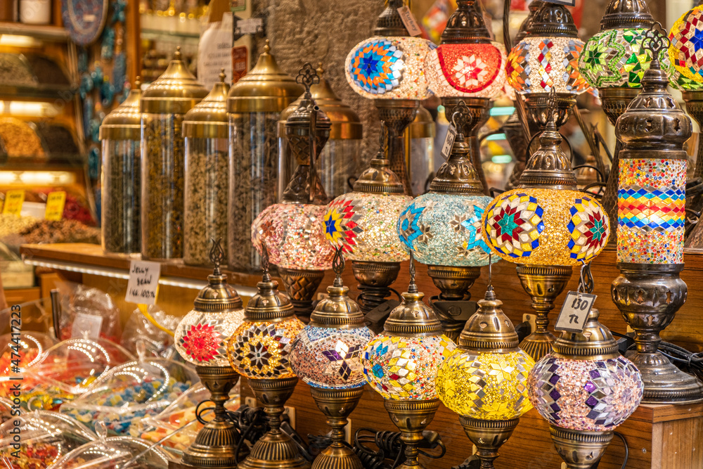 Turkish traditional lamps in the market in Old Bazaar Istanbul