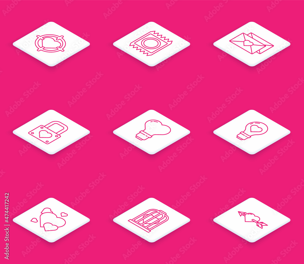 Set line Heart in the center of darts target aim, Condom package, Envelope with Valentine heart, Lock and, shape light bulb, and bird cage icon. Vector Set line Heart in the center of darts target aim, Condom package, Envelope with Valentine heart, Lock and, shape light bulb, and bird cage icon. Vector