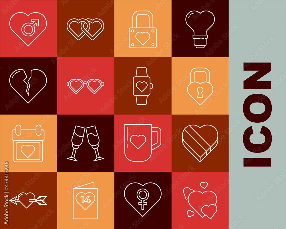 Set line Heart, Candy in heart shaped box, Castle the of, Lock, love glasses, Broken or divorce, with male gender and center wrist watch icon. Vector Set line Heart, Candy in heart shaped box, Castle the of, Lock, love glasses, Broken or divorce, with male gender and center wrist watch icon. Vector