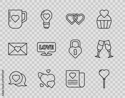 Set line Heart in speech bubble, Balloons form of heart, Two Linked Hearts, Coffee cup and, Speech with text love, Envelope Valentine and Glass champagne icon. Vector