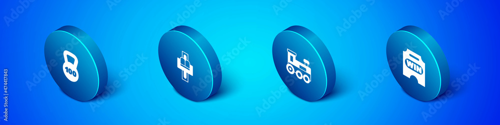 Set Isometric Weight, Toy train, Circus ticket and Attraction carousel icon. Vector Set Isometric Weight, Toy train, Circus ticket and Attraction carousel icon. Vector