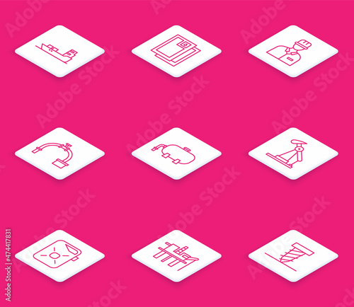 Set line Oil tanker ship, Barrel oil, Oilman, Industry pipe and valve, industrial factory building, pump pump jack, Canister for motor and platform the sea icon. Vector