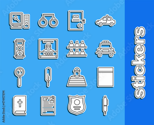 Set line Pen, Plastic bag with ziplock, Police car and flasher, Lawsuit paper, Wanted poster, Old hourglass sand, Search on computer screen and Jurors icon. Vector