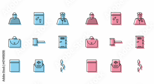 Set line Plastic bag with ziplock, Subpoena, Prisoner, Footsteps, Judge gavel, cell door, Briefcase and Evidence and bullet icon. Vector