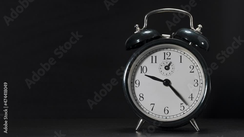 Alarm clock (retro, used) with fast running indicators, stopping at 5 to 12 for topics like climate change, deadlines, danger ... copy space for titles and informations.