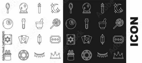 Set line Crown, Ticket, Magic wand, staff, Bottle with love potion, ball of predictions, hand mirror and mortar pestle icon. Vector