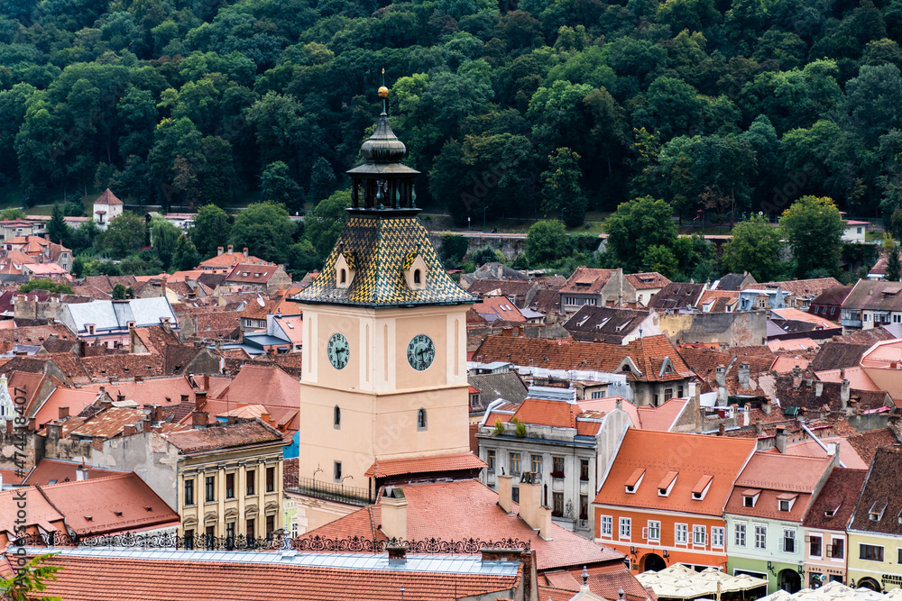 Aerial view over the Brasov town, Council House, Romania.