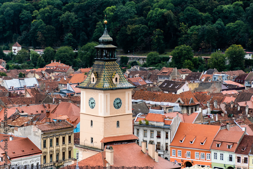 Fototapeta premium Aerial view over the Brasov town, Council House, Romania.