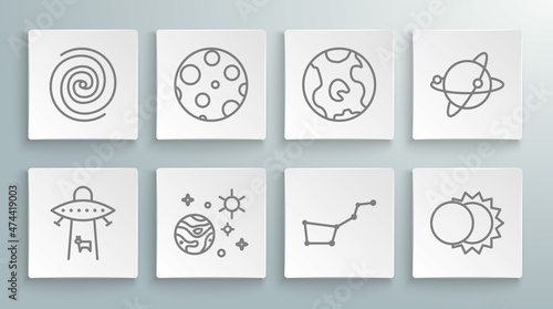 Set line Planet, Moon, Space and planet, Great Bear constellation, Eclipse of the sun, Earth globe, Satellites orbiting and Black hole icon. Vector